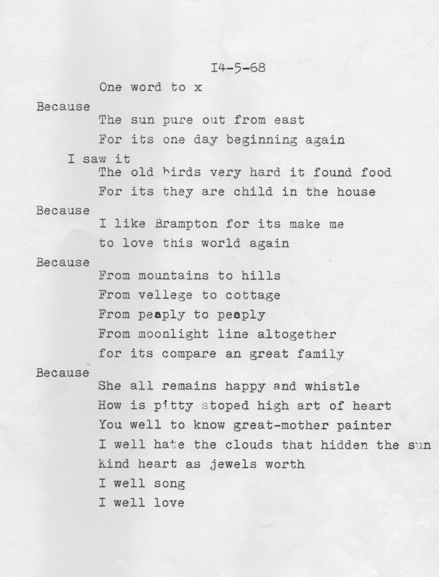 Typewritten document. The poem has four sections that start with the word “Because”. Under each, between two and six reasons follow in an indented list.