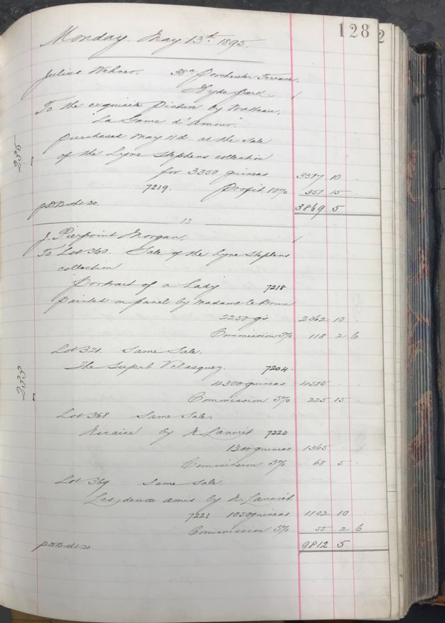 Page of a book. An entry almost halfway down the ledger begins, “J. Pierpont Morgan”. The page is filled with slanting, copperplate writing and figures.