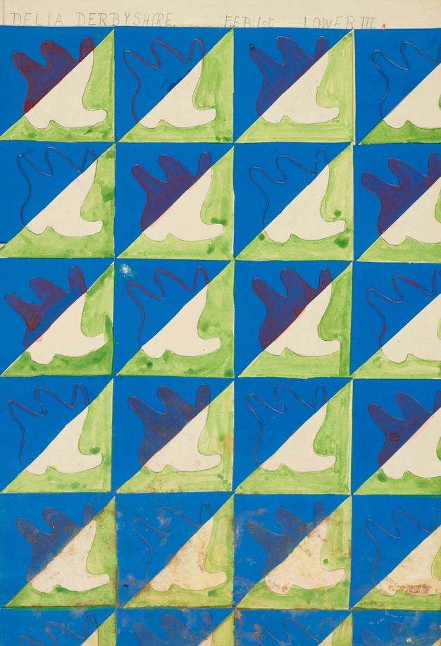 Painting. A repeating pattern of squares coloured with royal blue and lime green on a diagonal to create rows of triangles fill this page. Hand or bird-like forms are in each square. The shape is left white in the green areas and outlined or filled in in black in the blue areas.