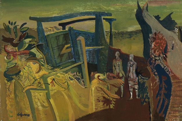 Painting. Two people walk along a rust-brown path amid an abstracted, surreal landscape. Vegetation blends with floating, freestanding architecture. The scene is dominated by golden yellow, olive green, brown, and ocean blue with a few touches of maroon red.