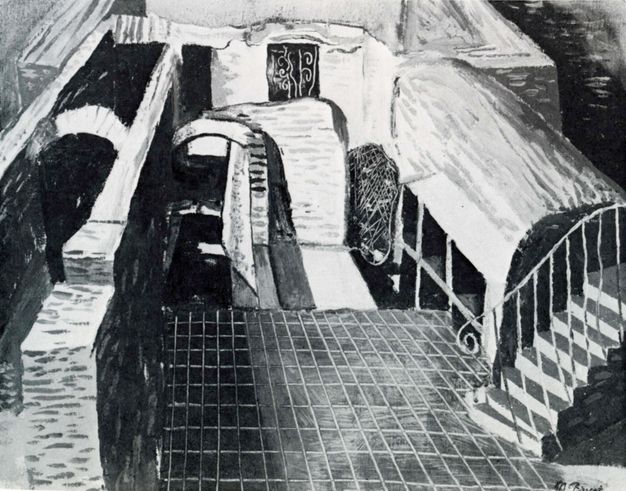 Painting. Black and white image of architectural features that don't quite coalesce into a recognizable space. We look down on arches and walkways, a staircase and a tiled floor but it is hard to tell how they might go together.