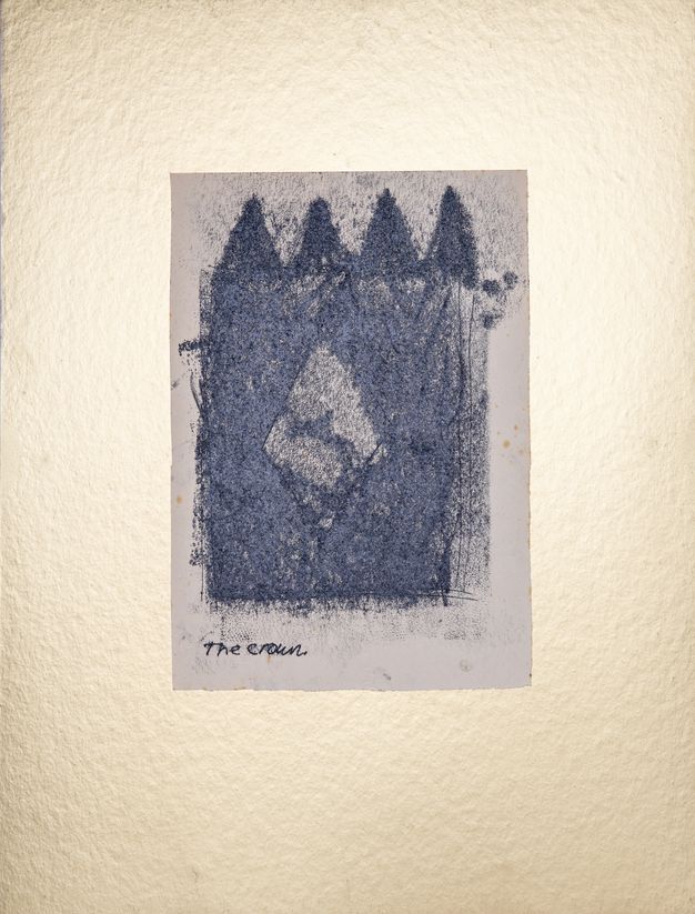 Print. A blocky, dark grey form is topped with four peaks like a crown. The edges are blurred and seem textured. The title is written below a smudged area surrounding the image on the monoprint.