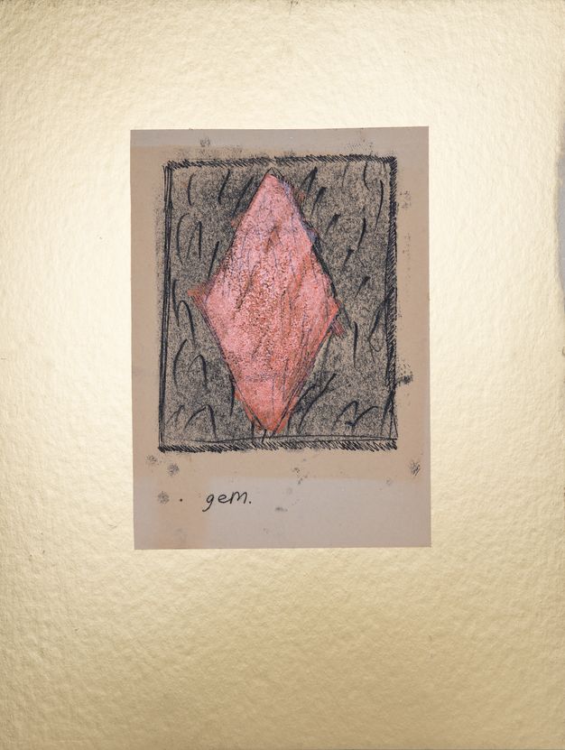 Print. A carnation-pink diamond is against a rectangle of grey with black scribbles. The title is below.