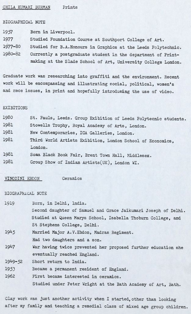 Typewritten document. Works of art are organized under four artists, Chila Kuman Burman, Vinodini Ebdon, Bajan Hunjan, and Naomi Iny. Iny has the fewest works with six, and Ebdon has the most with twenty-nine.