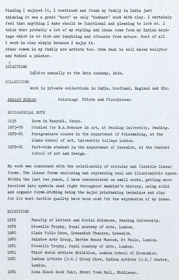 Typewritten document. Biographical notes, academic qualifications, an artist’s statement, and list of exhibitions for Bhajan Hunjan.