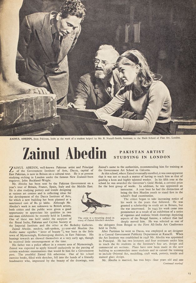 Magazine page. A black and white photograph above shows a bearded, white-haired, bespectacled man sitting next to a young woman who sketches, looking up at a sculpture. A third person bends over to look at her work. The first page of the article is below.