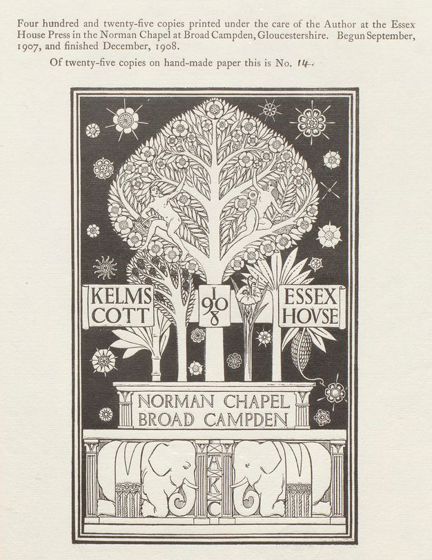Print. A publisher’s stamp with two people in a stylized tree, which stands on platforms held up on columns. Elephants kneeling below are also flanked by columns. Geometric flowers surround the tree against a black background.