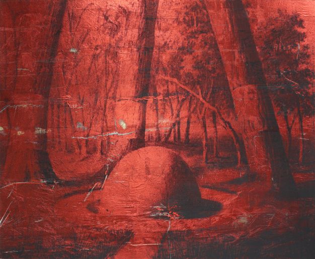 Mixed media. A dome-shaped form appears to be surrounded by a body of water, like a moat. Trees grow up and over the mound, the three trunks closest to us reaching off the top edge of the composition before shooting out a branch. The whole scene is in tones of brick and garnet red.