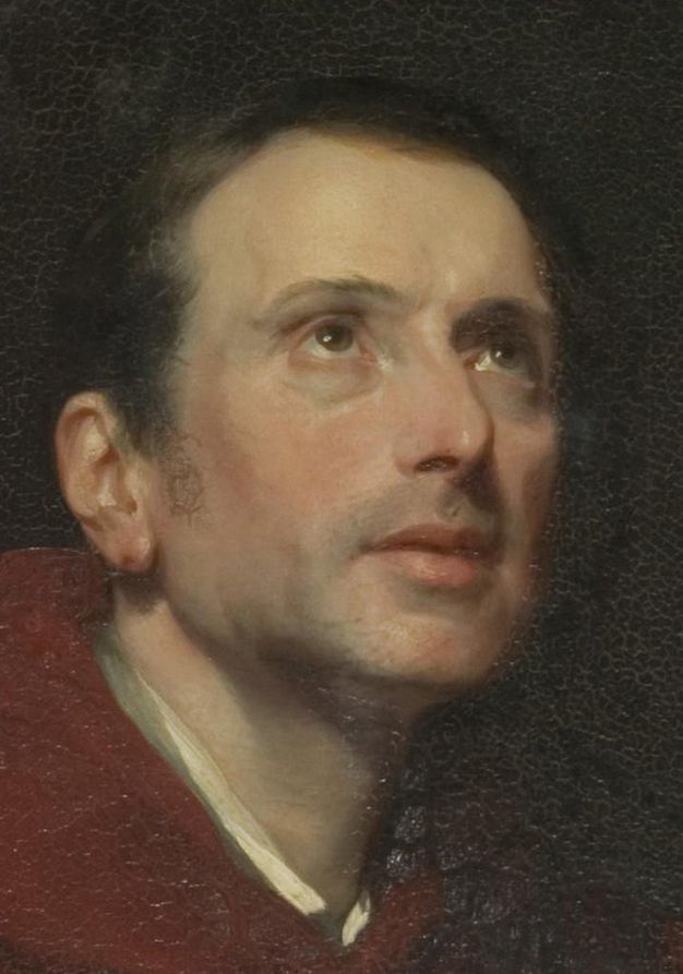 Painting. Full length portrait of a clean shaven, pale-skinned man, George the Fourth, wearing a military uniform stands next to a silvery-white horse. The man’s body faces us as he turns to look off to our left, almost in profile. He holds a sword by one side. The horse faces away from us so the tail blows across its back legs. Dark grey, blue, and purple clouds roil in the sky above.
