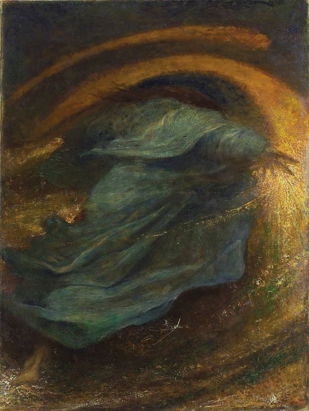 Painting. In a swirl of golden light, a person in billowing robes holds out one hand. Emerging from billowing opal-blue robes, he back of one ankle in the lower left corner shows that the person faces away from us.