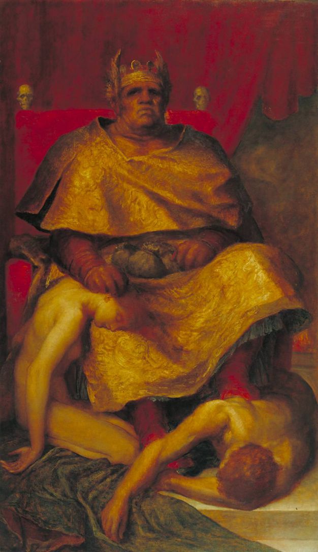 Painting. A red-skinned person with thick, oversized features sits on a throne with skull finials. He wears a gold crown and gold-brocaded robe. One hand rests on the head of a woman who sits limply next to his lap, and one foot is propped on a nude man lying in front of the throne below.
