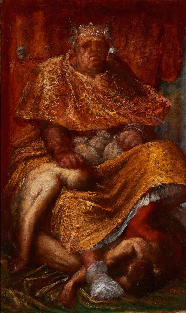 Painting. A red-skinned person with thick, oversized features sits on a throne with skull finials. He wears a crown and gold-brocaded robe. One hand rests on the head of a woman who sits slumped next to his lap, and one foot is propped on a nude man lying in front of the throne below.