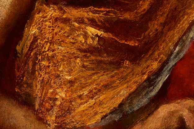 Painting. Detail view shows an extreme close up of the surface of a canvas built up with marigold orange, burnished gold, and rust red paint.