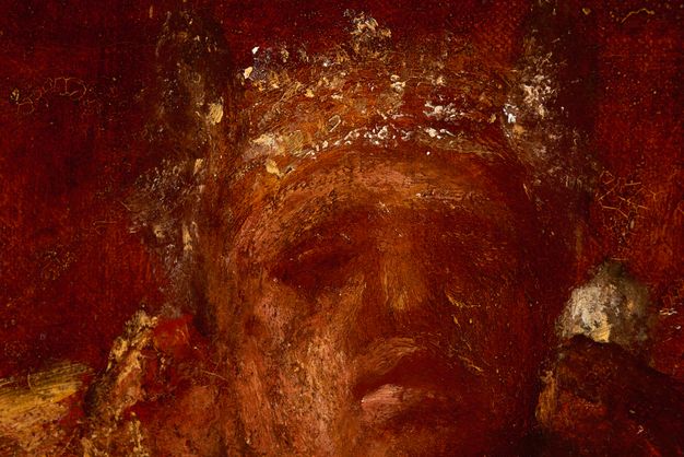 Painting. Detail view shows how a crown is painted with the merest dabs of white and yellow to suggest light glinting on gold.