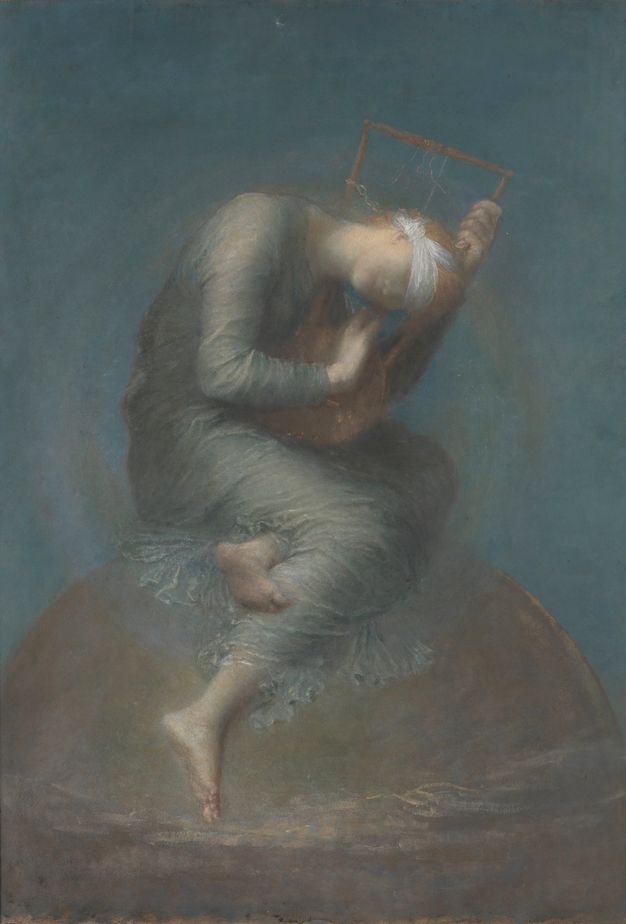Painting. A blindfolded, pale-skinned woman curls around a lyre with one string intact. A fog-blue garment wraps tightly around her body. She sits on a rounded brown dome against a slate-blue sky. The scene is painted with blended strokes, giving it a soft look.