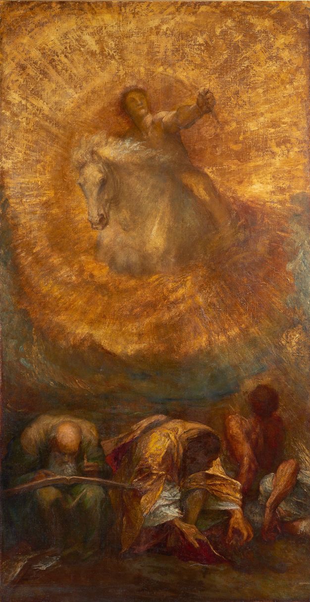 Painting. A golden-skinned nude man rides a white horse out of a hazy sunburst in the top half of this tall composition. Two men below hunch over their work. Another lies down, covering his eyes, and a fourth turns and looks up.