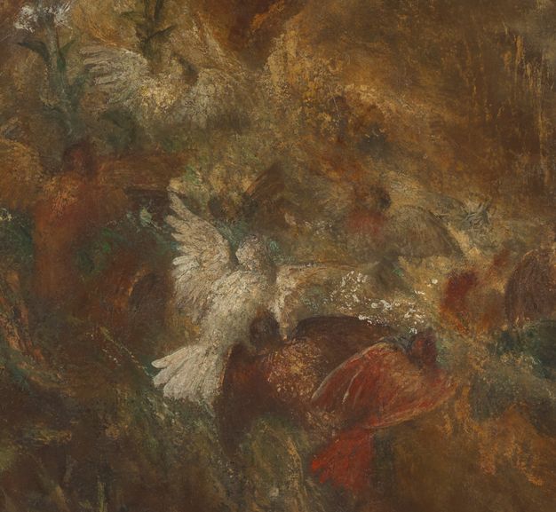 Painting. Detail view of loosely painted birds in white, muted red, and brown that nearly become a cloud-like haze.