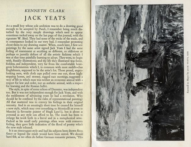 Pages of a book. The left page has text following the author’s name and title of the entry. The right page reproduces a loosely painted landscape scene sideways. The caption, along the long edge of the page, reads “Farewell to May by Jack Yeats, 1929”.