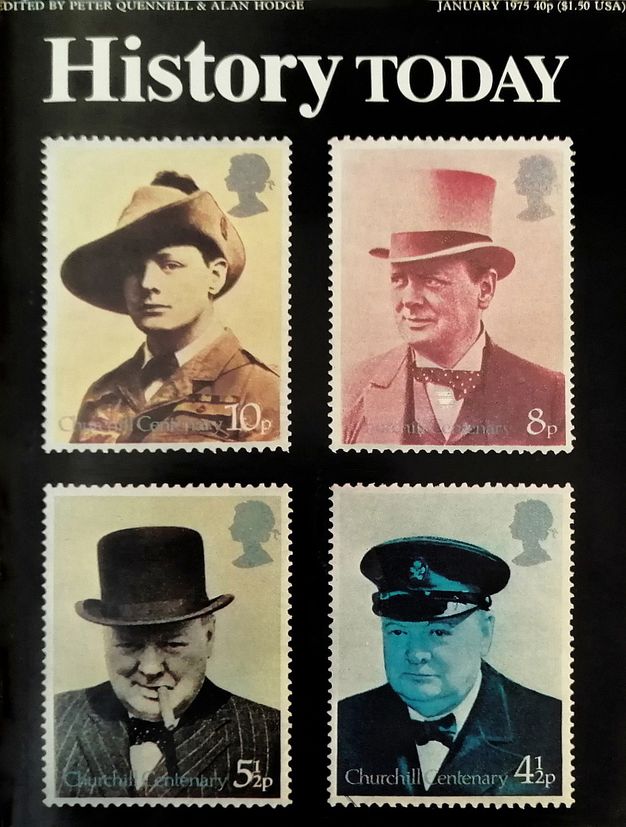 Periodical cover. Four stamps show portraits of Winston Churchill at different ages and toned different colours. The price of the stamps descends as he ages, from 10p to 4 ½p. The title is in white text against the black background above, “History Today”.