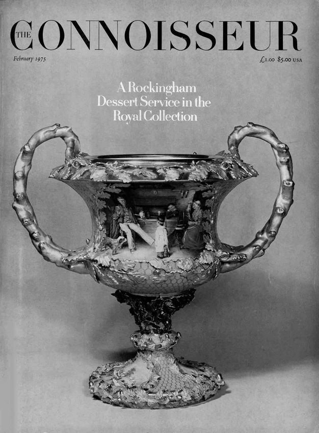 Periodical cover. In black and white, a painted vessel set in elaborate metal fittings is under the subtitle, “A Rockingham Dessert Service in the Royal Collection”.