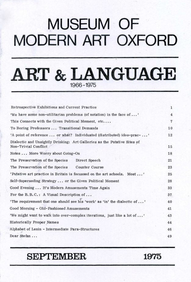 Periodical cover. Black text fills the white page. Large text at the top reads, “Museum of Modern Art Oxford”. The table of contents is in smaller type below the title.