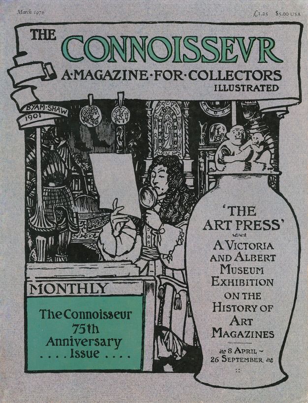 Periodical cover. An illustration shows a long-haired man sitting in a room crowded with works of art and artefacts. He looks at a piece of paper through a magnifying glass. In an oversized vase to our right, text reads, “‘The Art Press A Victoria and Albert Museum Exhibition on the History of Art Magazines”.