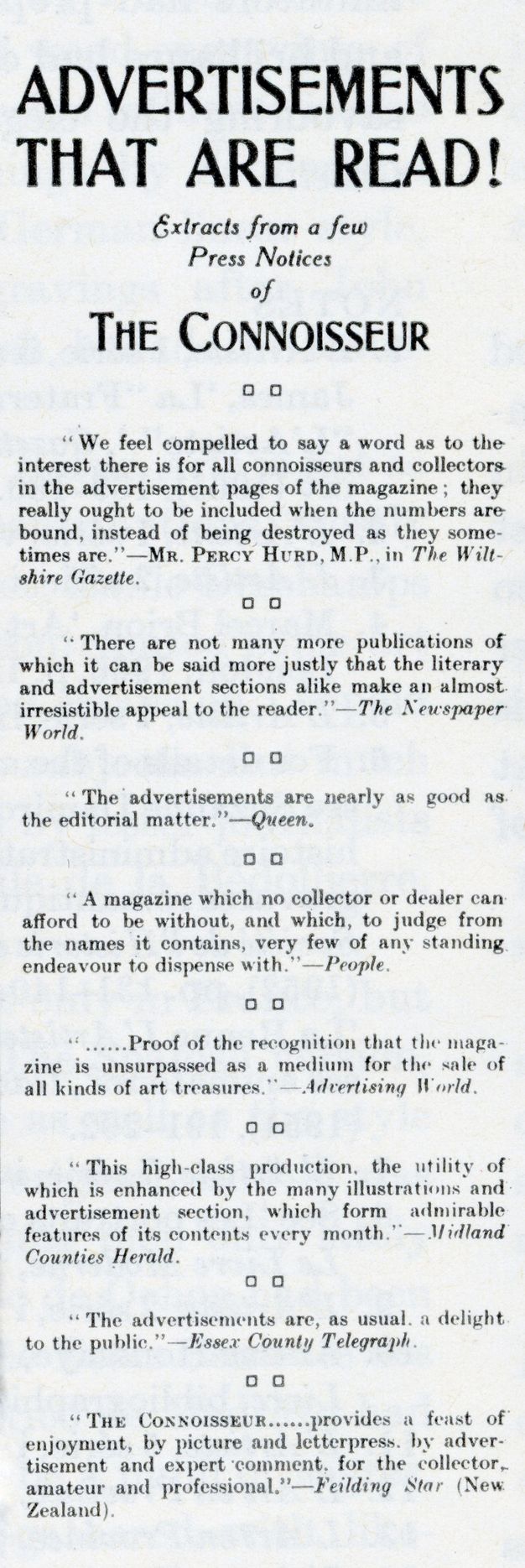 Ad. A subheading under the title reads, “Extracts from a few Press Notices of The Connoisseur”. Eight quoted reviews follow.