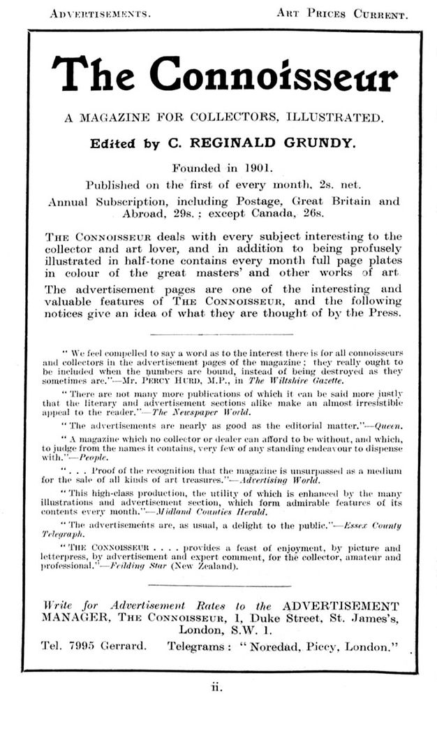 Ad. Below the title, text reads, “Edited by C. Reginald Grundy Founded in 1901 Published on the first of every month, 2s net.” Text continues below.