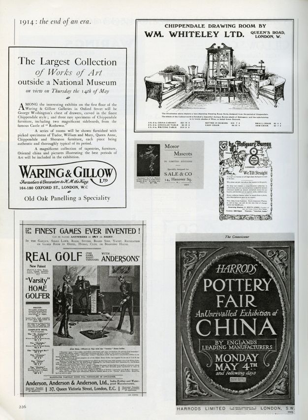 Page from a periodical. Six ads reproduced in black and white are arrayed on a page.