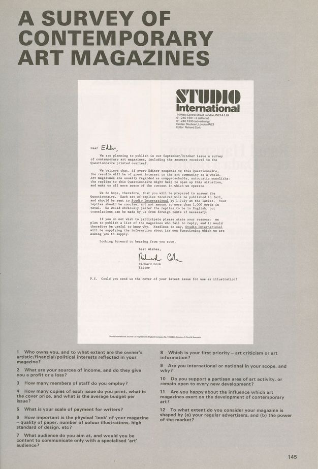 Page from a periodical. A typewritten letter on Studio International letterhead is reproduced with the salutation and signature penned in. Twelve questions printed in black against a grey background are listed below.