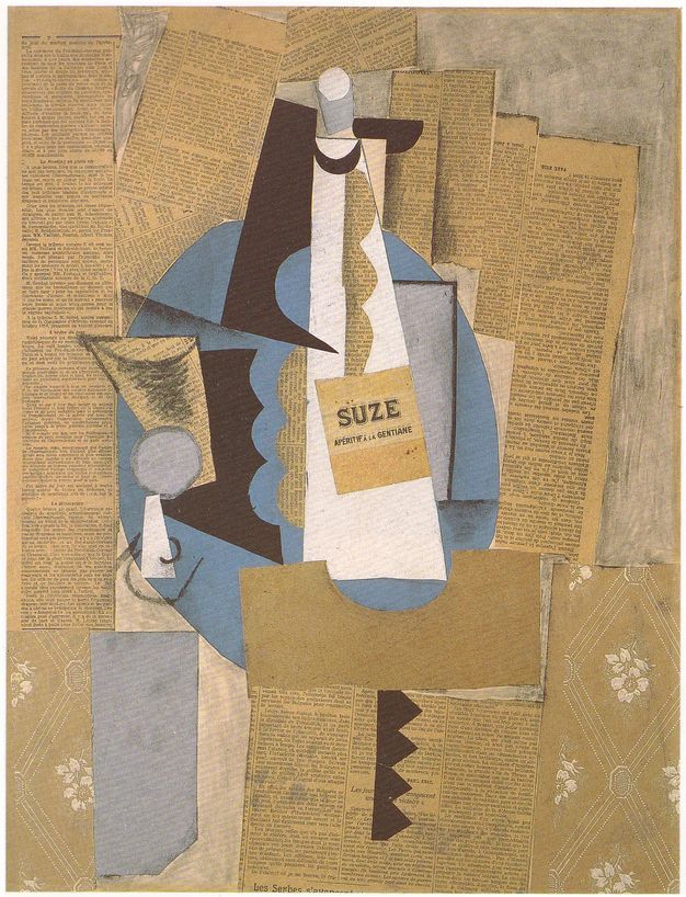 Collage and mixed media. A triangular white form has a label reading “Suze”. It appears closest to us against a background layered with denim-blue, black, and grey paper, along with newspaper clippings. The forms are all angular and geometric.
