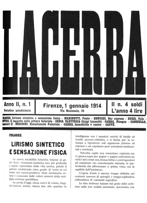 Periodical cover. The journal’s title is printed in serifed, narrow but bold letters that fill the top half of this page. The rest of the masthead and article, in Italian, follow.