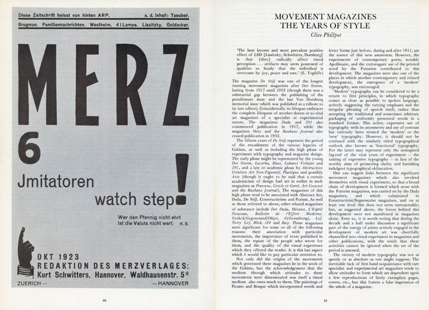 Pages of a book. The left page is illustrated with the grey cover of a journal titled “Merz” in tall, bold letters that take up the top third of the page. German text is above and below. Two columns of an article in English are printed to our right.