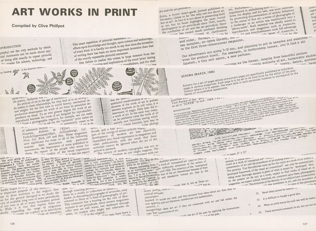 Pages of a periodical. Strips of pictures of printed text span this two-page spread, angling slightly down and to our right. The strips are of publications typed in different fonts and with spacing, and two include illustrations. All text is in English.