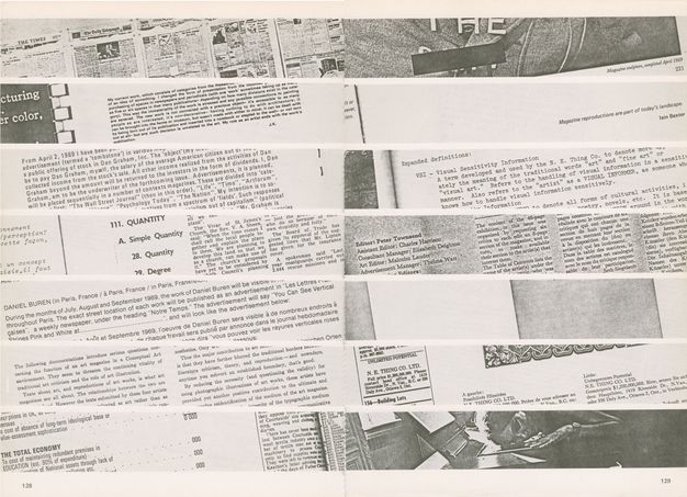 Pages of a periodical. Seven bands of text and images span this spread. Each band is separated by a narrow white margin, and the images change at the binding down the middle. Some include images or designs.