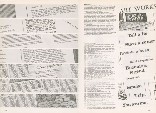 Pages of a periodical. The left page has seven horizontal strips of found text. The right page is harder to follow. The left half of that page has two texts in a column. The right half has scraps of text, either assembled or found, that together read “Art Works Johnny Appleseed Art Tell a lie Start a rumor Perpetrate a hoax Build a reputation Become a legend Teach Art Smoke Trip. You are me.”