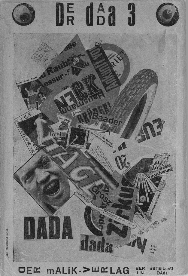 Book cover. Black and white newspaper clippings including words, people, and tires are collaged in a jumble.