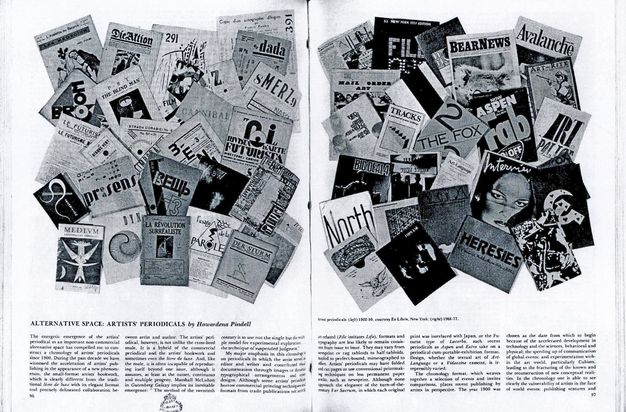 Pages of a periodical. Black and white illustrations on facing pages show a jumble of periodical covers in English, French, and German. The title of the article is below, over six columns of text in English that span the two pages.