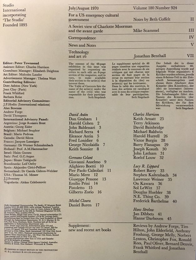 Printed page. A chart at the top is followed by columns of lists. Some of the lines in the chart read, “July/August 1790 Volume 180 Number 924”, “For a US emergency cultural government”, “Notes by Beth Coffelt II”, “A Soviet view of Charlotte Moorman and the avant garde Mike Scammell III”.