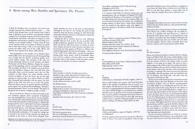 Pages of a book. This two-page spread is headed, “I: Byron among Men; Dandies and Sportsmen. The Theatre”. An introduction and eight entries, numbered eleven through 18, follow in two columns.