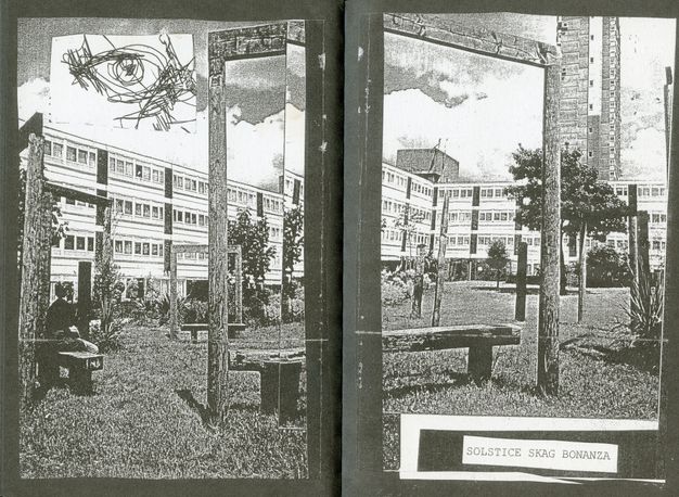 Pages of a book. Black and white images appear to be affixed to black pages. They are of a grassy space enclosed by buildings. A squared archway stands over a bench in front of us. A piece of paper with a sketchy drawing of an eye is in the upper left corner of the left page.