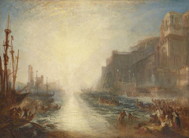 Painting. The sun shines in an almost blinding hourglass shape over the horizon that splits a body of water from a blue sky. Brown buildings, ships, and boats lining the waterway nearly dissolve in the impossible brightness. Crowds gather along the shore in front of us.