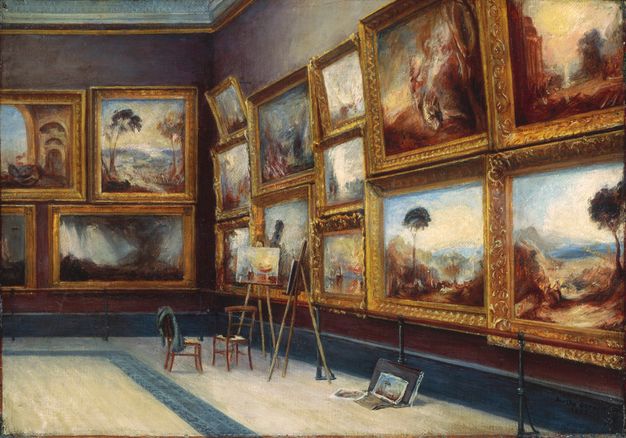 Painting. A corner of a gallery is hung frame-to-gold frame, two or three high, with landscapes paintings. Two chairs and two easels holding panels or canvases sit near one painting with a noticeable golden glow.