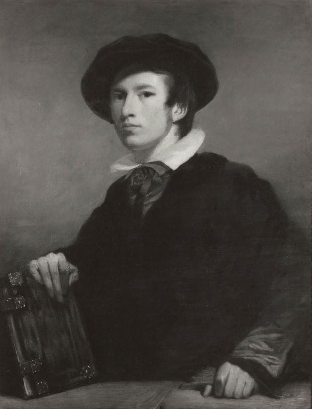 Painting. Black and white reproduction of a pale-skinned man shown from the waist up from behind a ledge. He looks at us, one hand resting on a book and the other holding a glove.