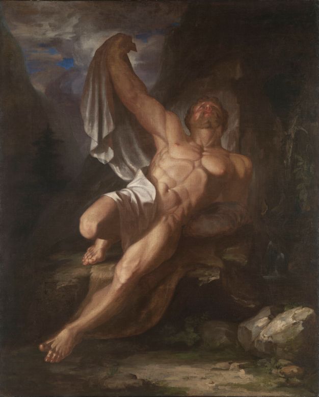 Painting. A muscular, pale-skinned man leans back on a rocky ledge, one arm raised and his head thrown back. A white drapery falls from the raised hand and across one hip and his groin. Roiling grey clouds cover most of the lapis-blue sky in the upper left corner.