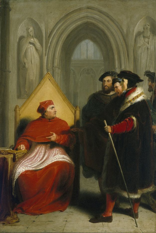 Painting. A man wearing a red cardinal’s robes sits in a high, pointed backed chair in this vertical composition. Four men wearing robes and hats approach him from our right. Stone arches and niches with statue fill the background.