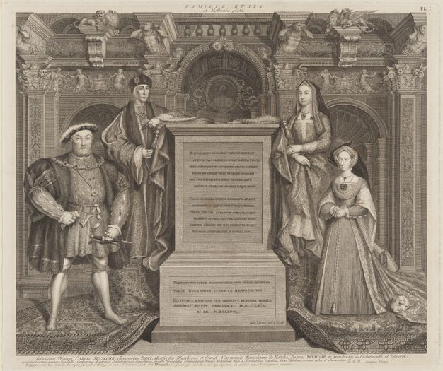 Print. Two men and two women stand on either side of stone monument carved with words on the front face. Patterned carpets drape down the sides underfoot, and the room is elaborately carved with ornament.