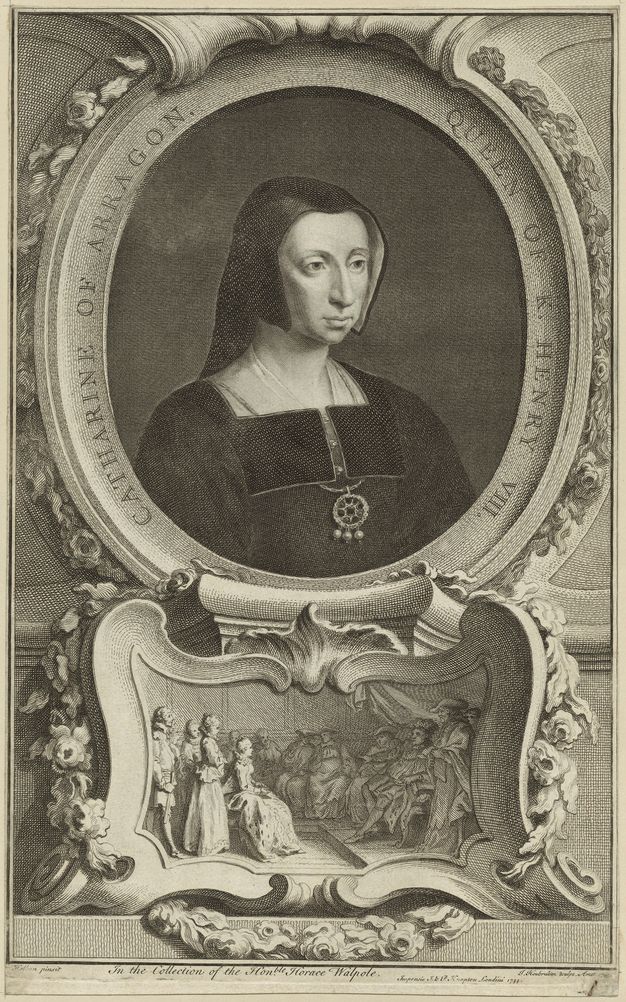 Print. Shown from the chest up in an oval frame, a woman wearing black and a black hood looks off to our right with hooded eyes. She has a prominent nose and narrow chin. The frame appears to be carved from stone and is inscribed, “Catherine of Aragon. Queen of K. Henry VIII”.