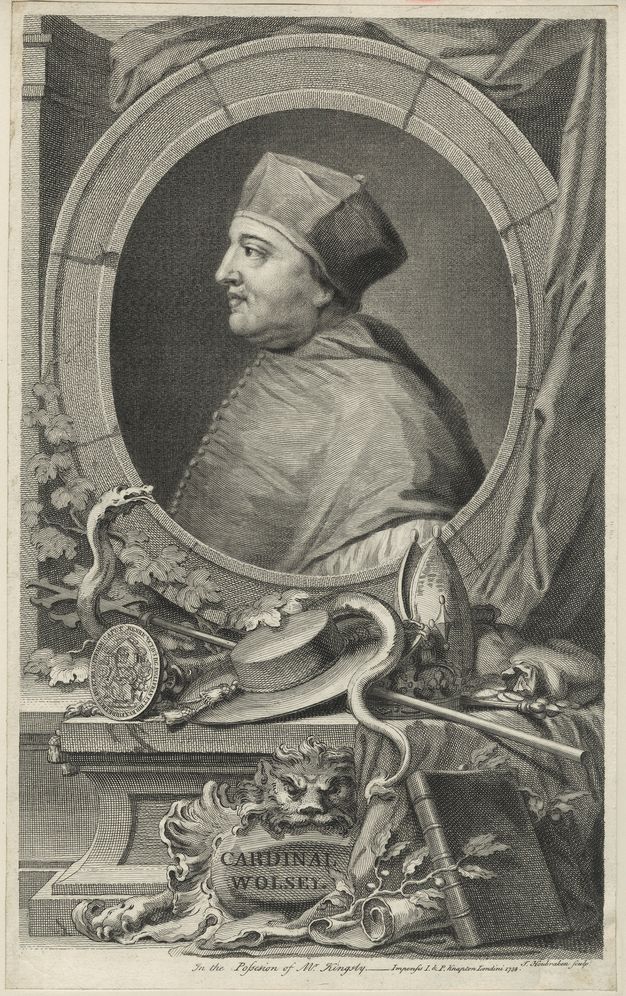Print. Shown from the chest up in an oval frame, a clean shaven, heavily jowled man faces our left in profile. He wears a squared cap, and his robe has a long row of buttons down the front. The frame appears to be carved from stone and is piled with objects.