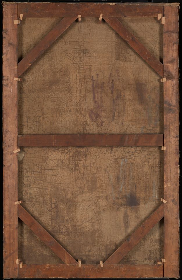 Back view of a canvas on a wooden stretcher.